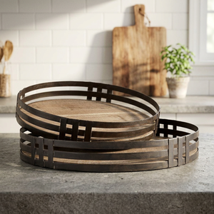 <b>Rustic</b> Round Wooden Decorative Tray Metal Frame Serving Tray <b>Farmhouse</b> <b>Table</b> Centerpiece Display Platter for Coffee <b>Table</b> Home - Product Image 1