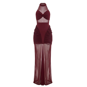 Viviblook D26DS180 Vestidos de verano para mujer, vestido largo de noche plisado con retazos de malla transparente sin mangas - Product Image 5