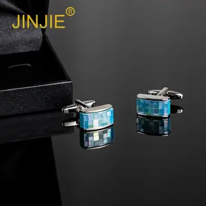 Gemelos JIINJIE rectangulares de alta calidad con cubierta de botón de cristal de color azul para hombre, accesorios