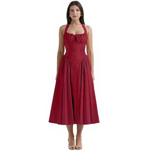 Vestido Midi Vintage Fruncido para <span class=keywords><strong>Mujer</strong></span> - Sin Mangas, Corte A, con Encaje, Atuendo de Verano para Invitadas a Bodas - Product Image 4