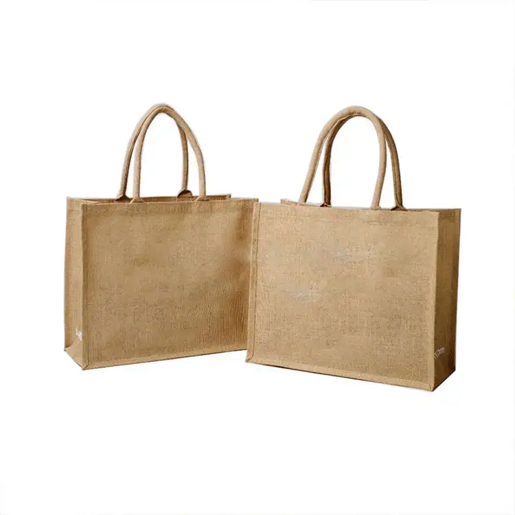 Reusable logo linen durable capacity laminated burlap 100% jute tote bag for gift grocery shopping beach with bamboo handle