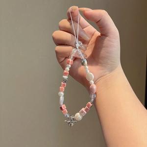 Цепочка-подвеска для телефона HP163 INSHO для девочек, розовая, с сердечком и ангелочком, для самостоятельного изготовления из бусин, подвеска для камеры CCD, страховочный шнурок от потери - Product Image 1