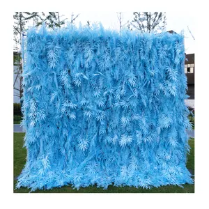 Lumière blanche artificielle bleu ciel brume pampa herbe fougère feuille mariage toile de fond 5D tissu fleur mur pour la décoration de mariage