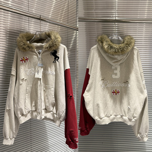 Felpa con Cappuccio da Uomo <span class=keywords><strong>Oversize</strong></span> Y2K con <span class=keywords><strong>Zip</strong></span>, 100% Cotone Pesante, Stampa Ricamata, Colletto in Pelliccia, <span class=keywords><strong>Felpe</strong></span> con Cappuccio per l'Inverno - Product Image 1