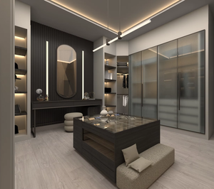 Dressing moderne de luxe avec îlot central, meuble de présentation et vasque, en aggloméré décoratif <span class=keywords><strong>EGGER</strong></span> foncé, grain de <span class=keywords><strong>bois</strong></span>, et armoire en verre - Product Image 1