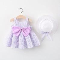 Robe à bretelles pour filles avec grand nœud et motif floral, style chapeau de paille, collection été 2022, vêtements pour enfants, robes pour filles