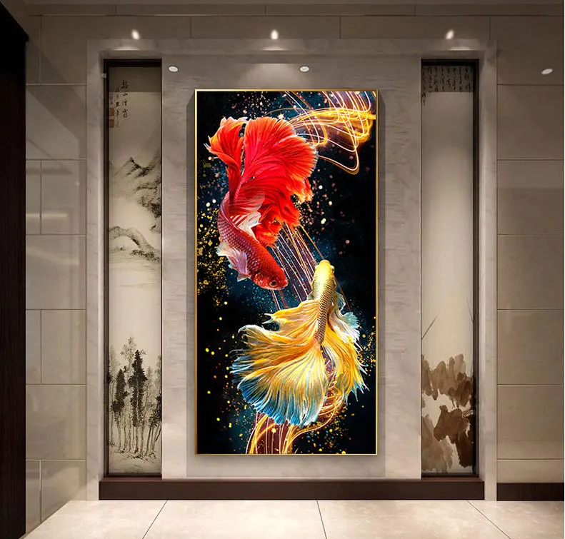 Light Luxury Fashion Carp Living Room Gallery Wall Home Entrance Front Hall Decoration Crystal Porcelain Painting