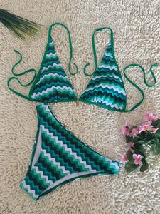Women's Green Stripe Halter Bikini Set Quick Dry women's halter bikini swimwear bikini swimsuit breathable bikini set - Product Image 4