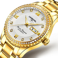 Montre mécanique pour homme CARNIVAL en acier inoxydable incrustée de strass, chiffres romains, affichage double date, aiguilles lumineuses, saphir
