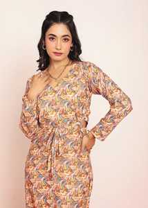 Robe longue imprimée à découpes à la taille avec ceinture, robe décontractée pour femme, en tissu léger, silhouette flatteuse, confortable - Product Image 2