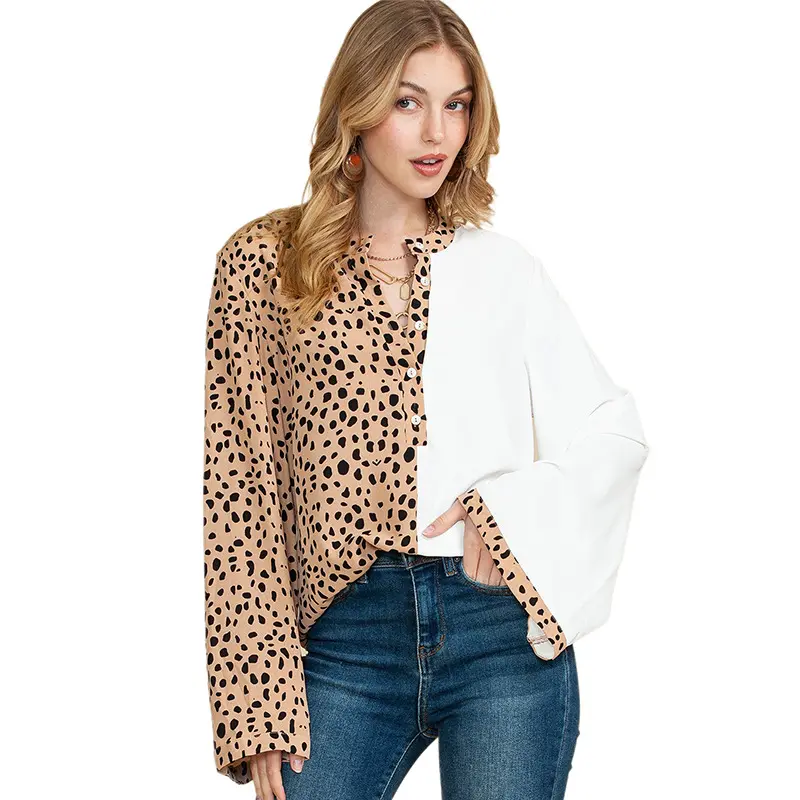 Customized single row multi button long sleeved shirt for women's fashion versatile leopard print color blocking top