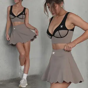 Contrast Color 2 Piece Sport Bra Skirts Sets With Shorts Female Gym Fitness Custom Workout Clothing Skort Women Tennis Wear
