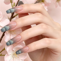 Faux ongles à presser en ABS bleu ombré, forme cercueil longue, avec motif nuage pour les doigts