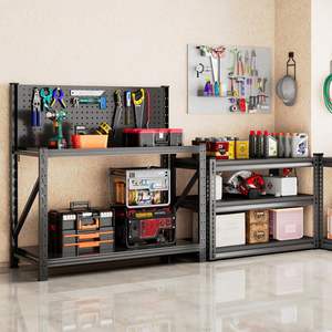 Metal garage shelving unit with tool hanging panel, heavy-duty <b>industrial</b> storage <b>rack</b>, steel storage shelves for the basement - Product Image 2