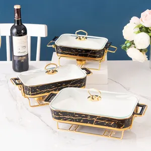 Rectangular Ceramic Casserole Pot Baking Dish Tableware Candle Fire Heating Hotel Dry Soup Pot with Golden Candle Rack