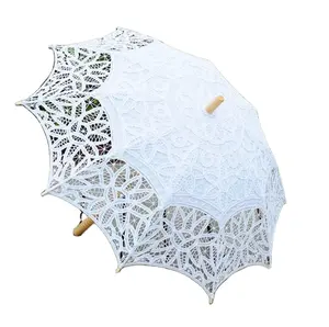 우아한 공주 레이스 파라솔 웨딩 우산 Battenburg 레이스 면 수제 해변 나무 손잡이 태양 파라솔