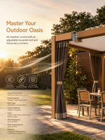 Pergola motorisée intelligente en aluminium thermolaqué avec lames à effet bois, éclairage RGB extérieur, contrôle par application, capteur de pluie, écologique