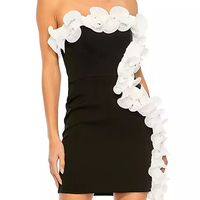Robe bandage noire élégante pour femme, sans bretelles, taille empire, mini-robe, bordure à volants blancs, robe courte décontractée pour club