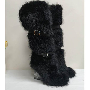 נעלי נשים חדשות עם עקב טריז אופנתיות עד הברך עם אבזם פרווה נעלי מסיבה לחורף לנשים - Product Image 6