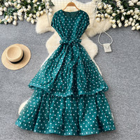 Robe décontractée trapèze rouge à pois pour femme, à manches courtes, longue et étagée, avec ceinture, pour le quotidien