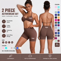 Set Olahraga untuk wanita, 2 potong Halter depan putar, bra olahraga pinggang tinggi, celana pendek Biker, pakaian latihan Gym Yoga