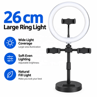 Anneau lumineux LED de 10 pouces avec support de bureau et 3 supports pour téléphone, lumière selfie USB à intensité réglable pour le streaming en direct, la vidéo et le maquillage