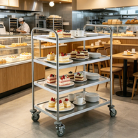 Chariot de transport alimentaire de cuisine à 4 niveaux en acier inoxydable SS304 SS201, chariot de service pour buffet d'hôtel avec roues pivotantes