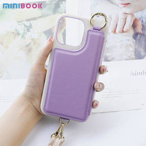 Minibook custom Cellular Saffiano Phone bags Case mirror cinturino da polso card sliding lanyard wallet phone case per Iphone 14 - Product Image 5