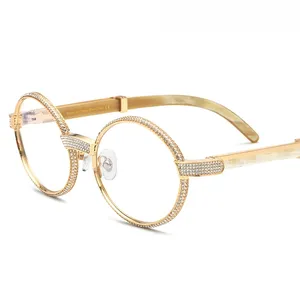 2023 High Quality Hot Selling Shiny Great Women Men Spectacle Glasses Luxury Diamonds Round Buffalo Horn Eyeglasses Frames