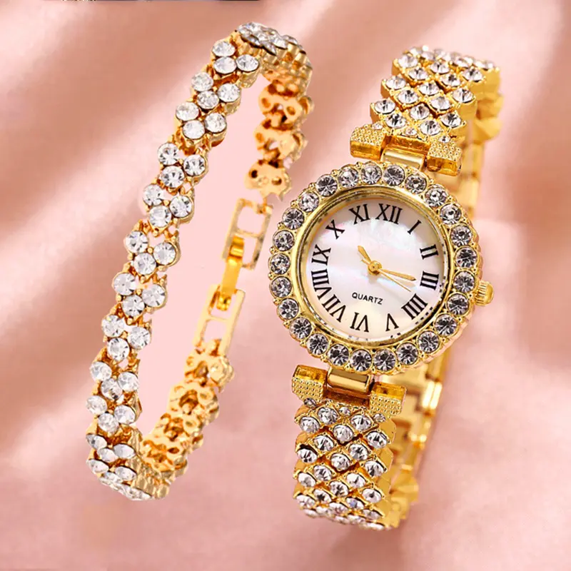 2023 New Arrival Luxury Full Diamond Ladies Watches Rose Gold Diamond Bangles Quartz Watch Set for Women