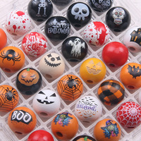 Perles rondes en bois colorées d'Halloween de 16 mm, motif araignée, léopard, visage de fantôme