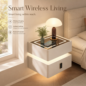 <span class=keywords><strong>Table</strong></span> de chevet flottante intelligente moderne avec chargeur sans fil, haut-parleur Bluetooth, lumière LED et plateau en pierre frittée – <span class=keywords><strong>Table</strong></span> de chevet de luxe - Product Image 1