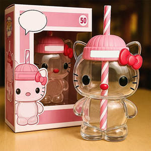 Bicchiere in Vetro con Cannuccia e Logo Personalizzato, Design Gatto Carino con Coperchio Rosa, Bottiglia per Acqua in Vetro - Product Image 1