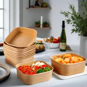 Tazón de Ensalada Rectangular Desechable, Ecológico y Biodegradable, de Papel Kraft, Contenedor de Alimentos para Llevar, Tazón de Papel Rectangular - Product Image 5