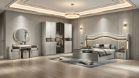 Ensemble de meubles de chambre à coucher de style turc artistique 180x200cm avec tête de lit incurvée, miroir pleine longueur, armoire et coiffeuse pour la décoration intérieure