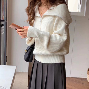 紫色翻领拉链针织马海毛开衫女式秋季休闲挂脖系带柔软毛衣外套海军领上衣 - Product Image 3