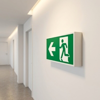 Panneau de sortie en métal pour locaux commerciaux, en acier, avec signalisation LED de sortie de secours « Homme qui court », protection IP20, alimentation autonome, autonomie de 3 heures