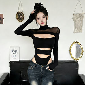 Combinaison sexy en maille tricotée, col montant, manches longues, couleur unie, coupe ajustée, haut pour femme au-dessus du genou, printemps - Product Image 5