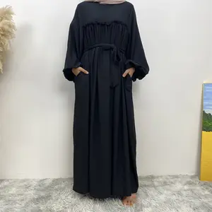 Women Muslim Maxi Abaya Dress Loose Kaftan Long Sleeves Plain Dubai Turkey Islam Clothes Caftan Robe With Side Pockets