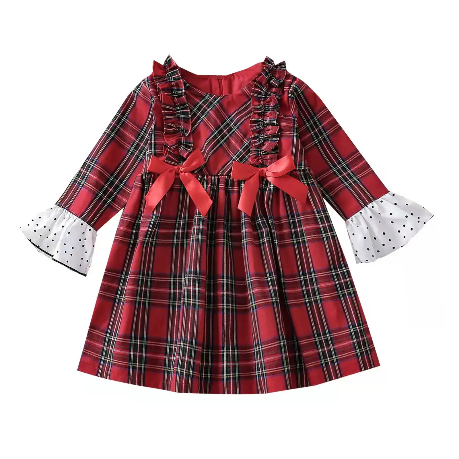 Little Kids Red Check Dresses Beautiful Bow Tie Christmas Ruffles Baby Girls Long Dresses With Lace Trims