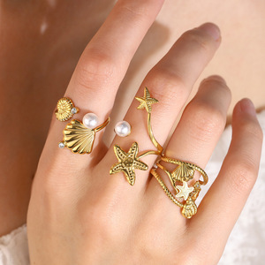 Bague ouverte ajustable en acier inoxydable, style mode, ornée de <span class=keywords><strong>strass</strong></span>, zircon, perle, coquillage, étoile de mer et conque, bijou étanche - Product Image 3