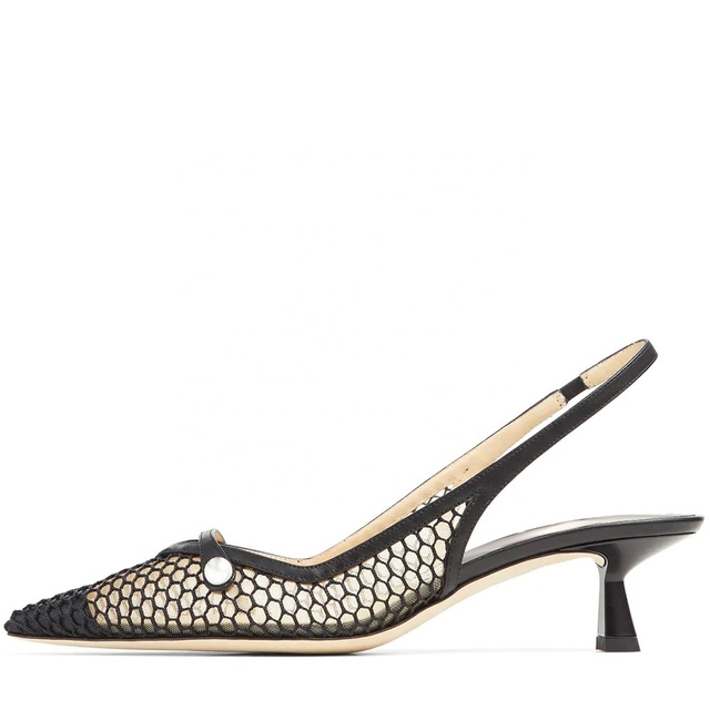 White Black Slingback Pumps Closed Toe Kitten Heel Fishnet Mesh Dress Shoes