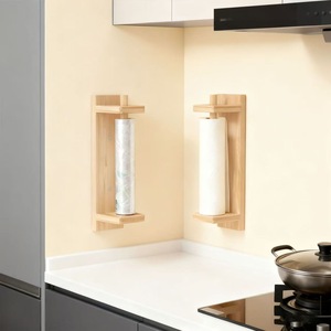 Wooden Wall Mounted Plastic Wrap Rack Rectangle Apricot Single Layer <b>Kitchen</b> Storage Organizer For Foil <b>Paper</b> Roll Holder - Product Image 3
