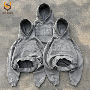 OEM High Quality Acid Wash <b>Raw</b> Edge Applique Patchwork Drop Shoulder Boxy Fit 450gsm Heavyweight Cotton Men's Hoodies Sweatshirt - Product Image 3