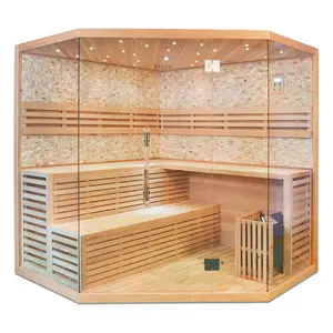 Custom Luxury Indoor Traditional Rock Salt Sauna Steam Room With Led Star Lights Corner Sauna Detoxification Hemlock Solid Wood