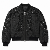 Blouson Bomber Noir Homme AW27 Col Côtelé Broderie Florale Perlée à la Main avec Sequins et Motifs Végétaux Fermeture Éclair Rembourré Style Streetwear Aviateur