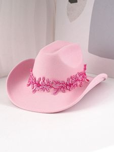Sombrero de Vaquero de Fieltro Rosa <span class=keywords><strong>Pastel</strong></span> para Mujer, Novedad 2026, con Adorno de Bordado de Hojas en 3D, para Todas las Temporadas, Deportes y Moda al Aire Libre - Product Image 6
