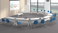 Table de conférence pliable mobile avec roulettes, design modulaire, construction bois+acier pour bureaux, écoles, hôtels, salles de réunion