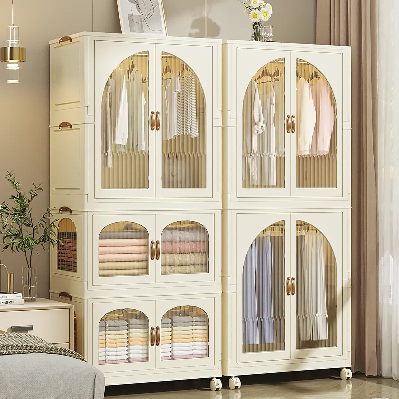ตู้เสื้อผ้าพลาสติกสำหรับเด็กพับได้มีล้อตู้จัดเก็บของแบบพกพาสำหรับห้องนอน