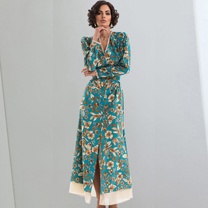 Vestido Maxi con Estampado Floral, Cuello en V, Manga Larga, Corte Regular, Dobladillo Asimétrico, Tejido de Punto Transpirable, Cintura Imperio, Estilo Casual de Verano - Product Image 3